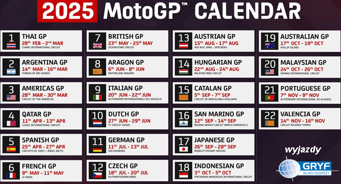 MotoGP 2025 atrakcyjne wyjazdy | BP Gryf Kalendarz MotoGP na rok 2025 i wyjazdy | BP Gryf