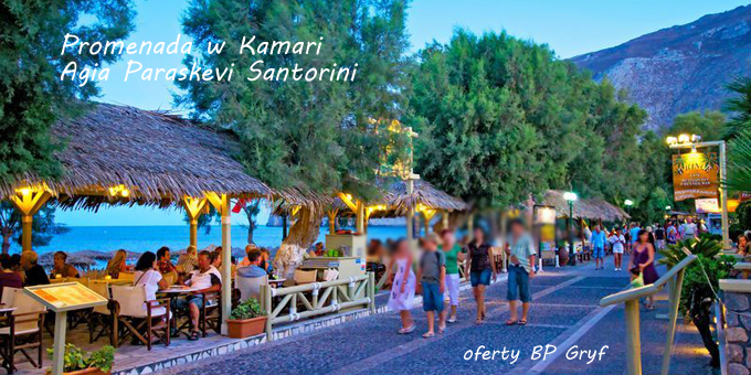 Promenada w Kamari Santorini Pobyt, świetny hotel za niską cenę przy plaży z basenem.